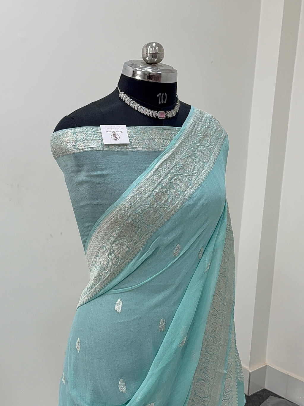 Banarasi Pure Khaddi Chiffon Saree  in Silver Zari with Small Interlocked Motifs Design in Powder Blue Colour