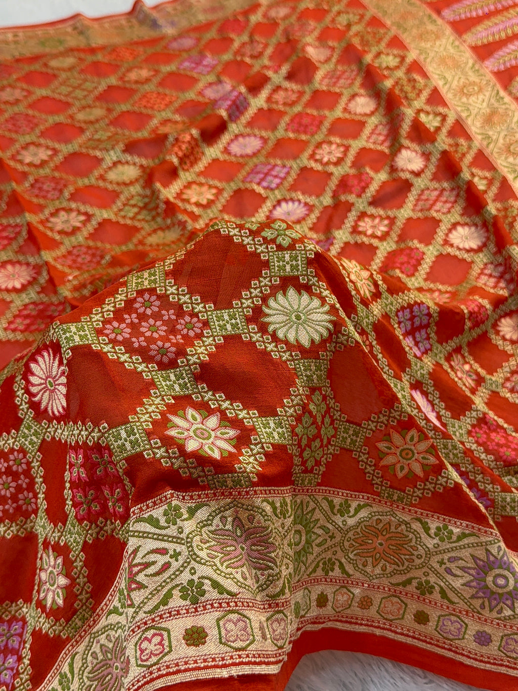 Banarasi Pure Khaddi Chiffon Saree with Meenakari Geometrical Jaal Design in Orange Colour