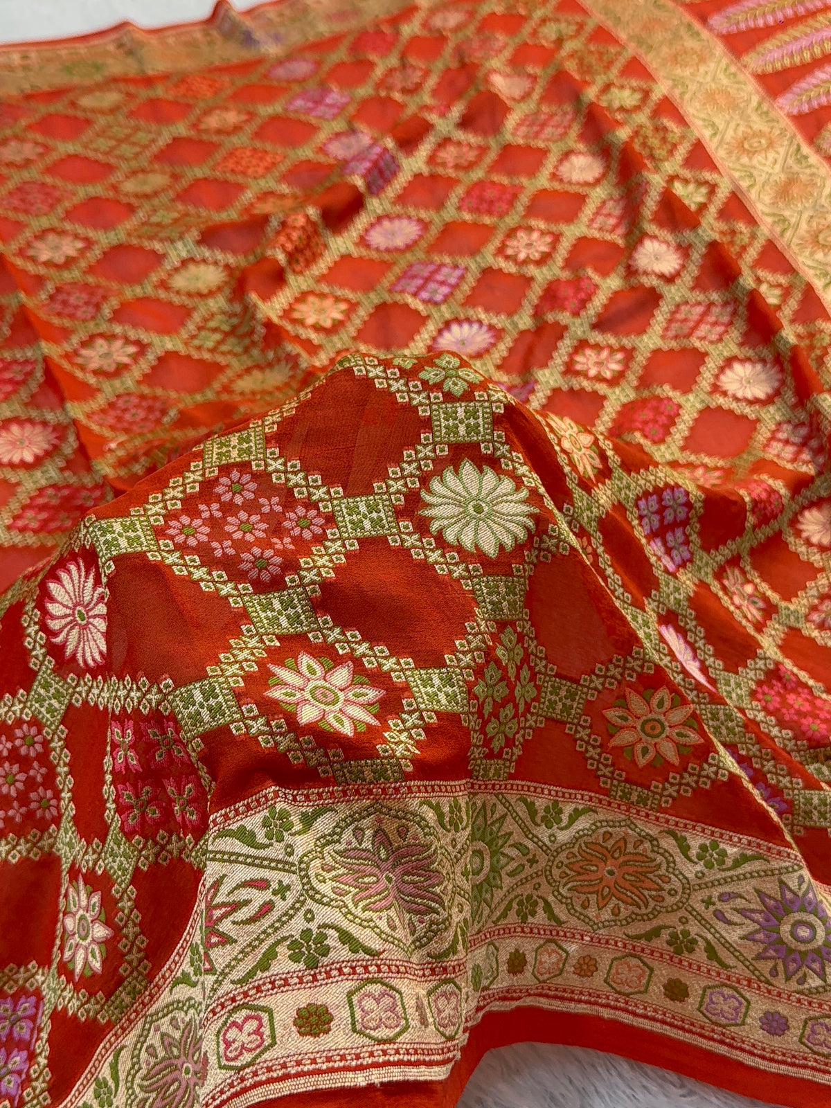Banarasi Pure Khaddi Chiffon Saree with Meenakari Geometrical Jaal Design in Orange Colour