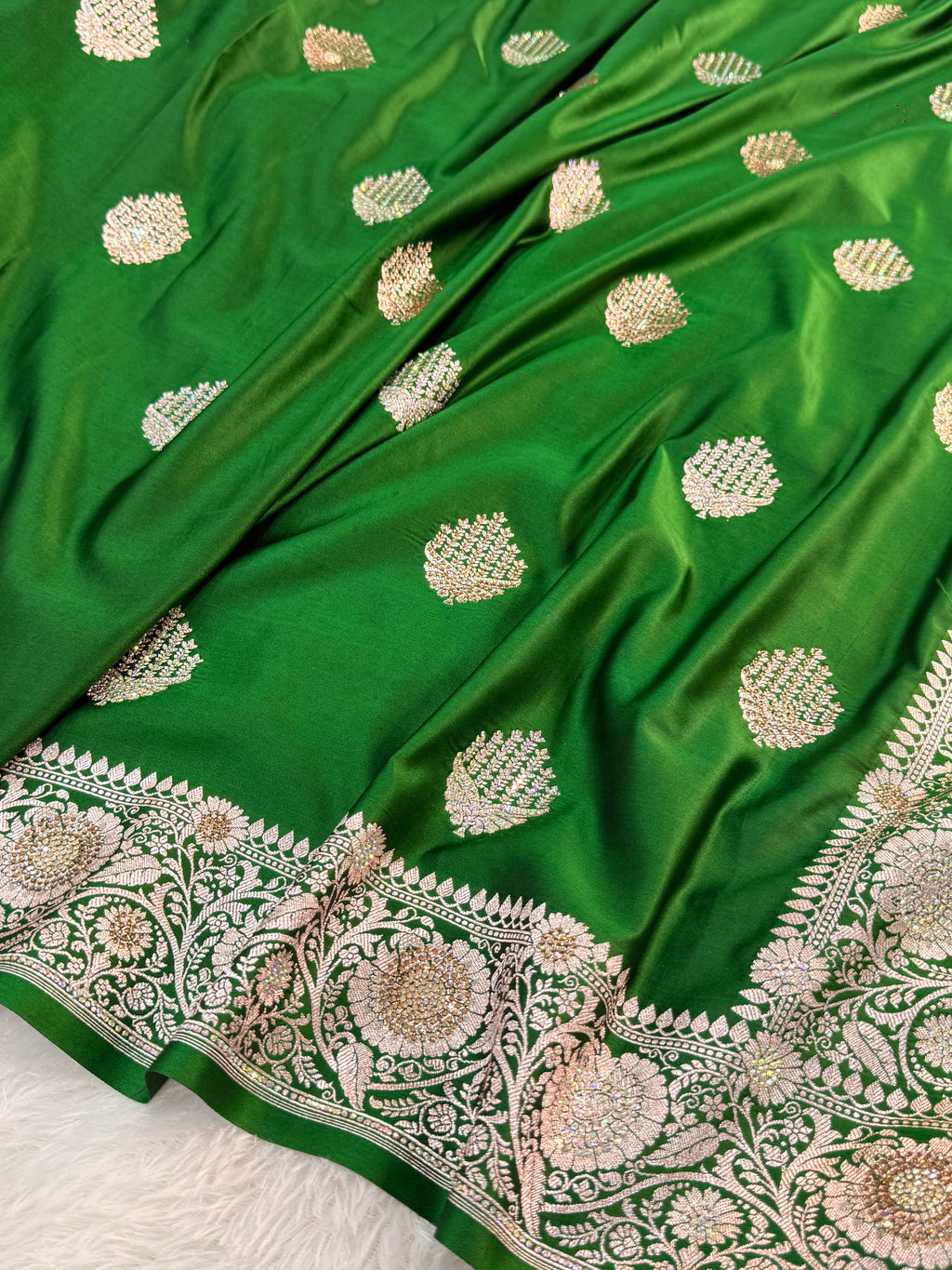 Bridal Mashru Silk Saree with Buta design in Dark Green Color Shade with Swaroski work