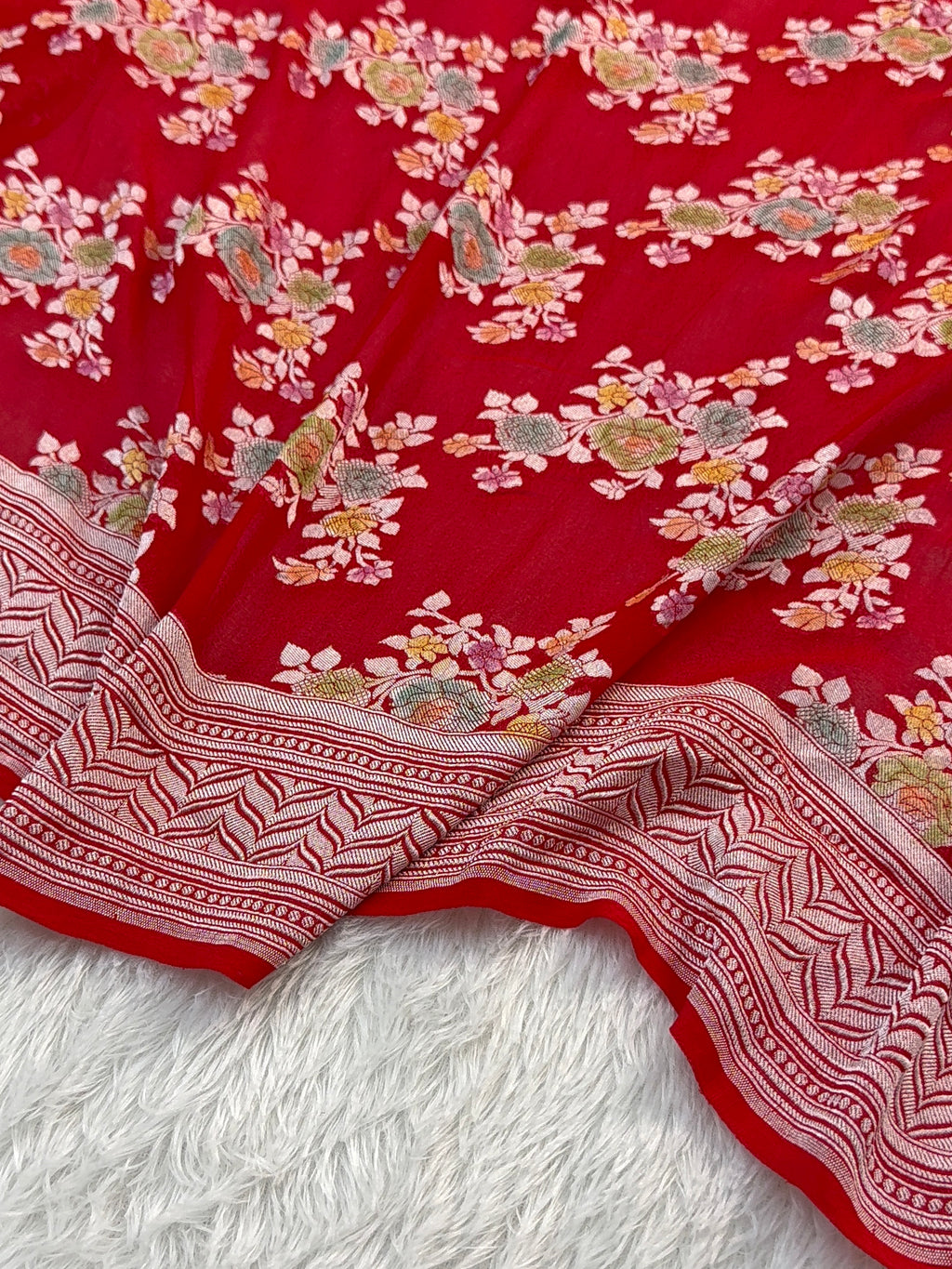 Banarasi Pure Khaddi Chiffon Saree  with Silver Zari Work In Floral Jaal Design with Meenakari by handbrush in Light Red Colour