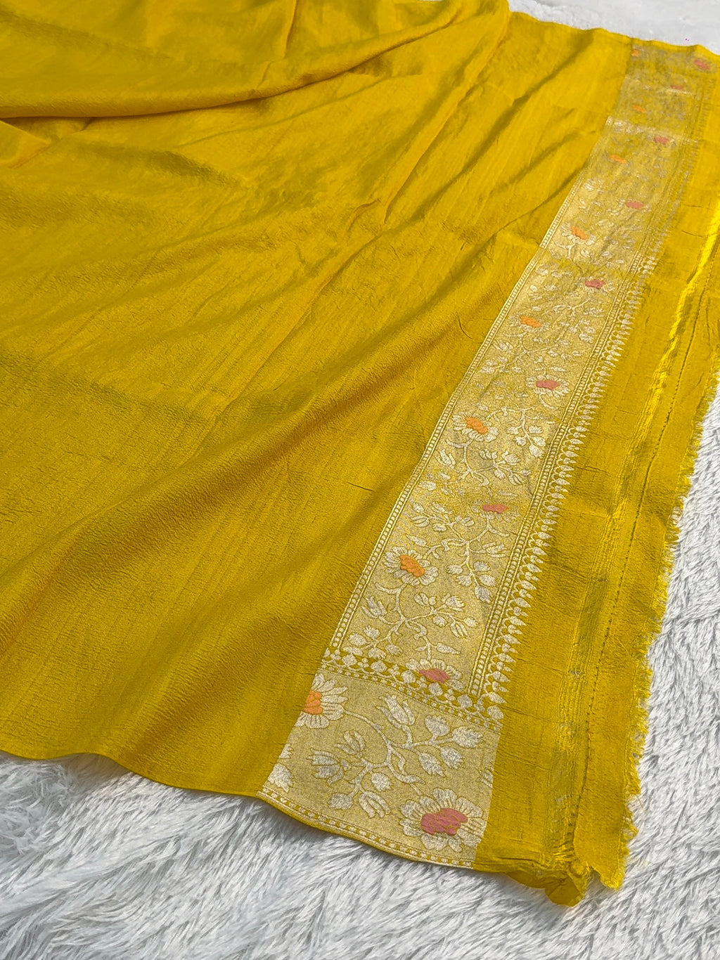 Pure Desi Tussar Silk Saree with Meenakari Floral Jaal Pattern in Yellow Color