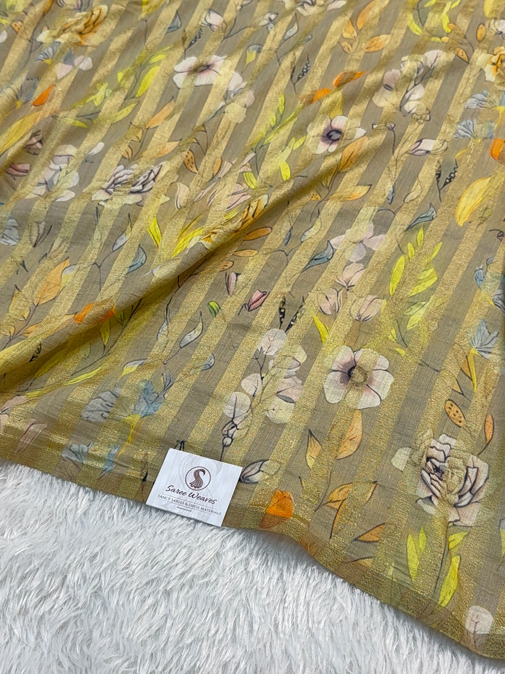 Pure Monga Silk saree with Digital Print Design and Vertical Stripes Zari Work