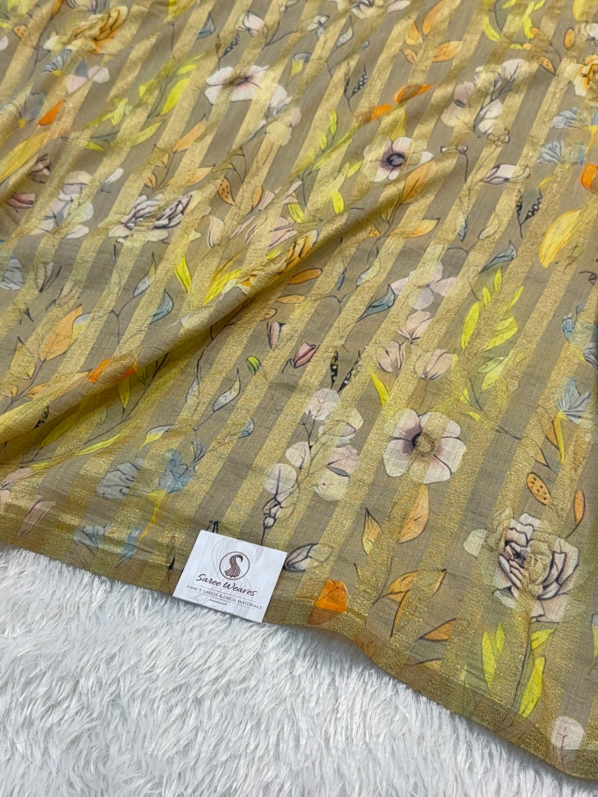 Pure Monga Silk saree with Digital Print Design and Vertical Stripes Zari Work