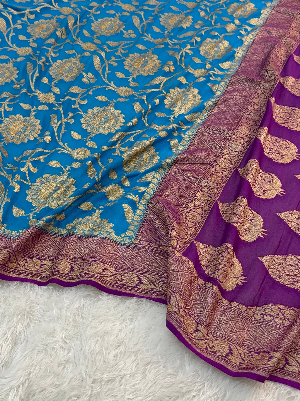 Banarasi Pure Khaddi Chiffon Saree  with Antique Zari Work In Floral Jaal Design in Peacock Blue Colour