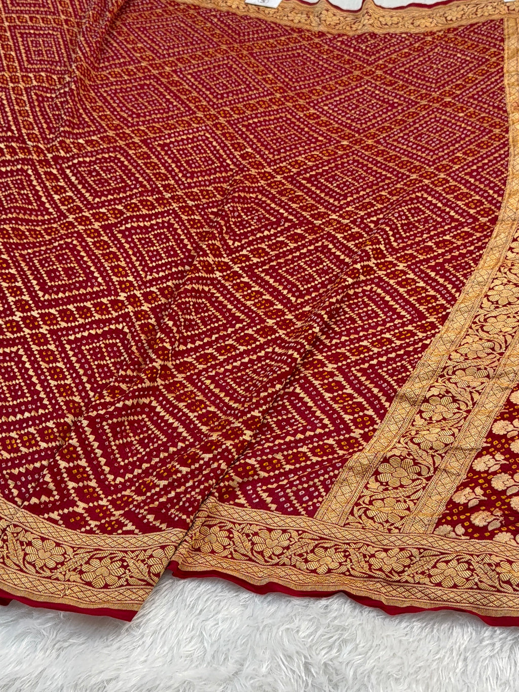 Pure Khaddi Chiffon Bandhni Saree in Red Color