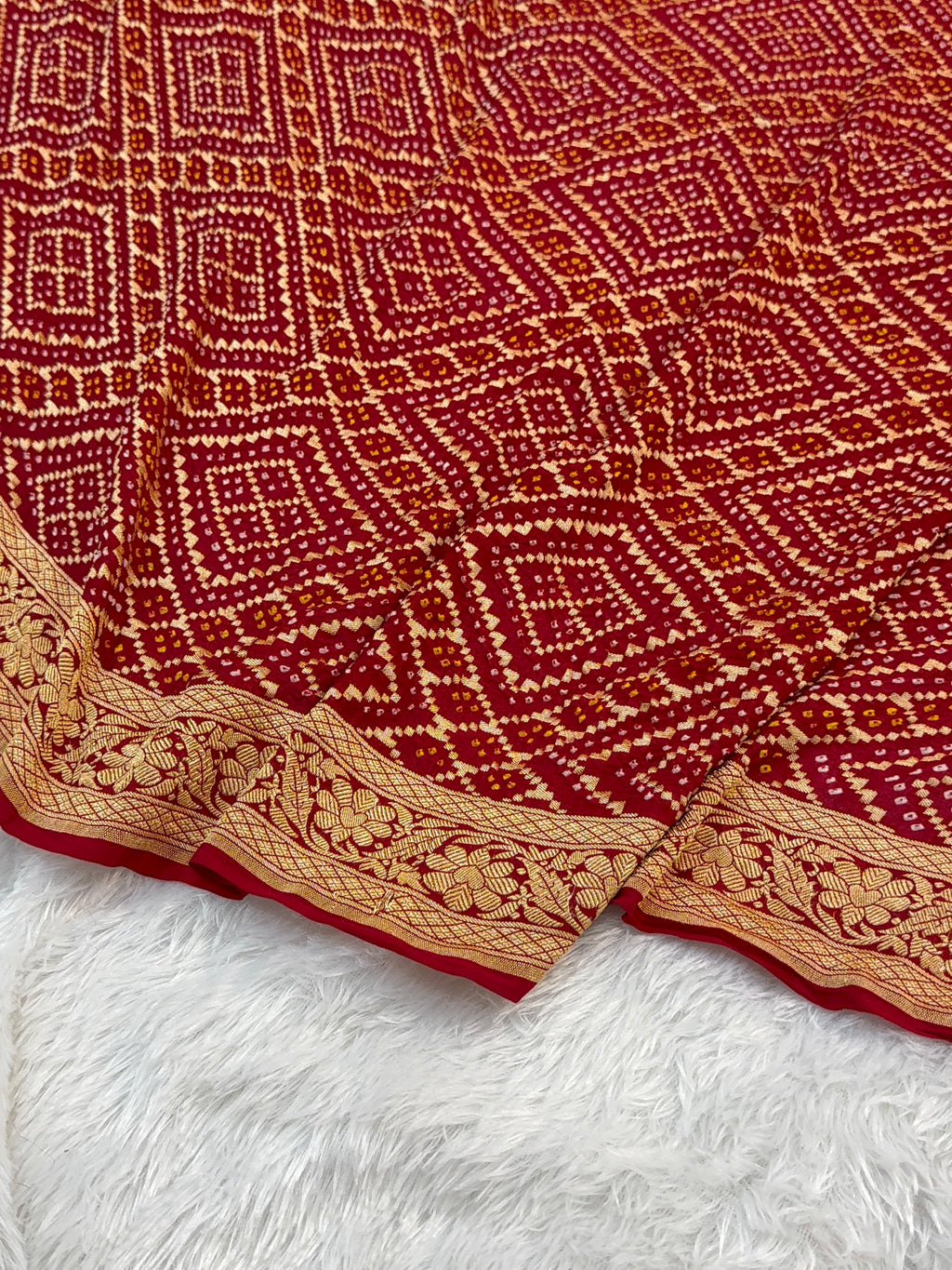 Pure Khaddi Chiffon Bandhni Saree in Red Color