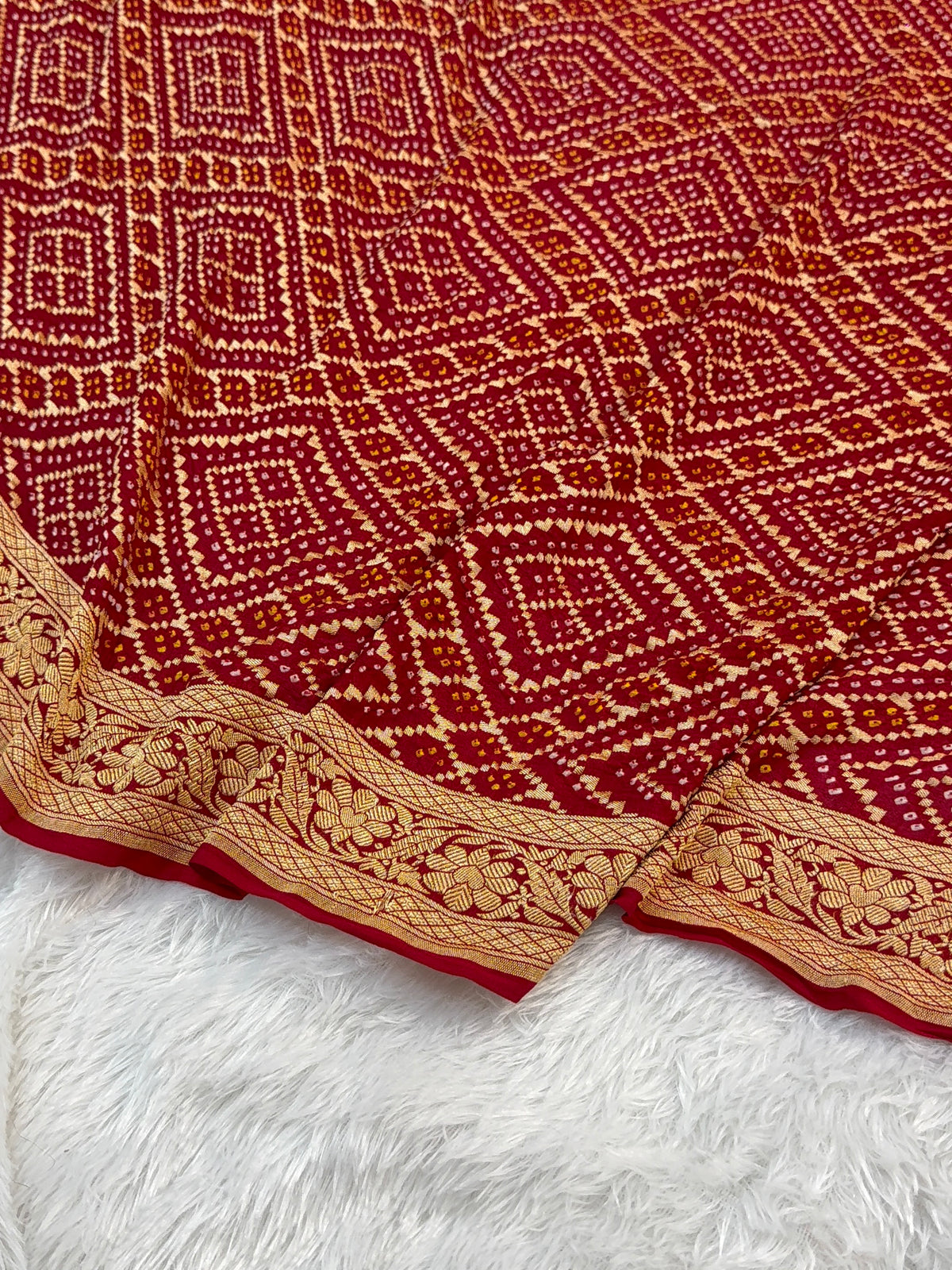Pure Khaddi Chiffon Bandhni Saree in Red Color