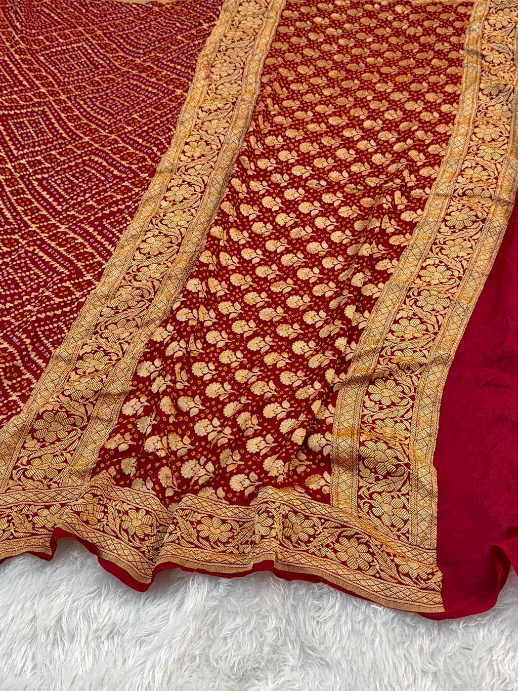 Pure Khaddi Chiffon Bandhni Saree in Red Color