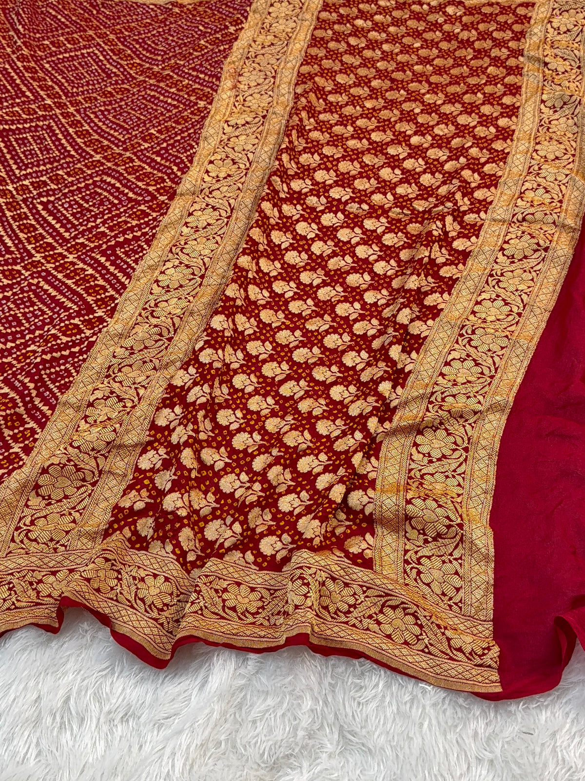 Pure Khaddi Chiffon Bandhni Saree in Red Color