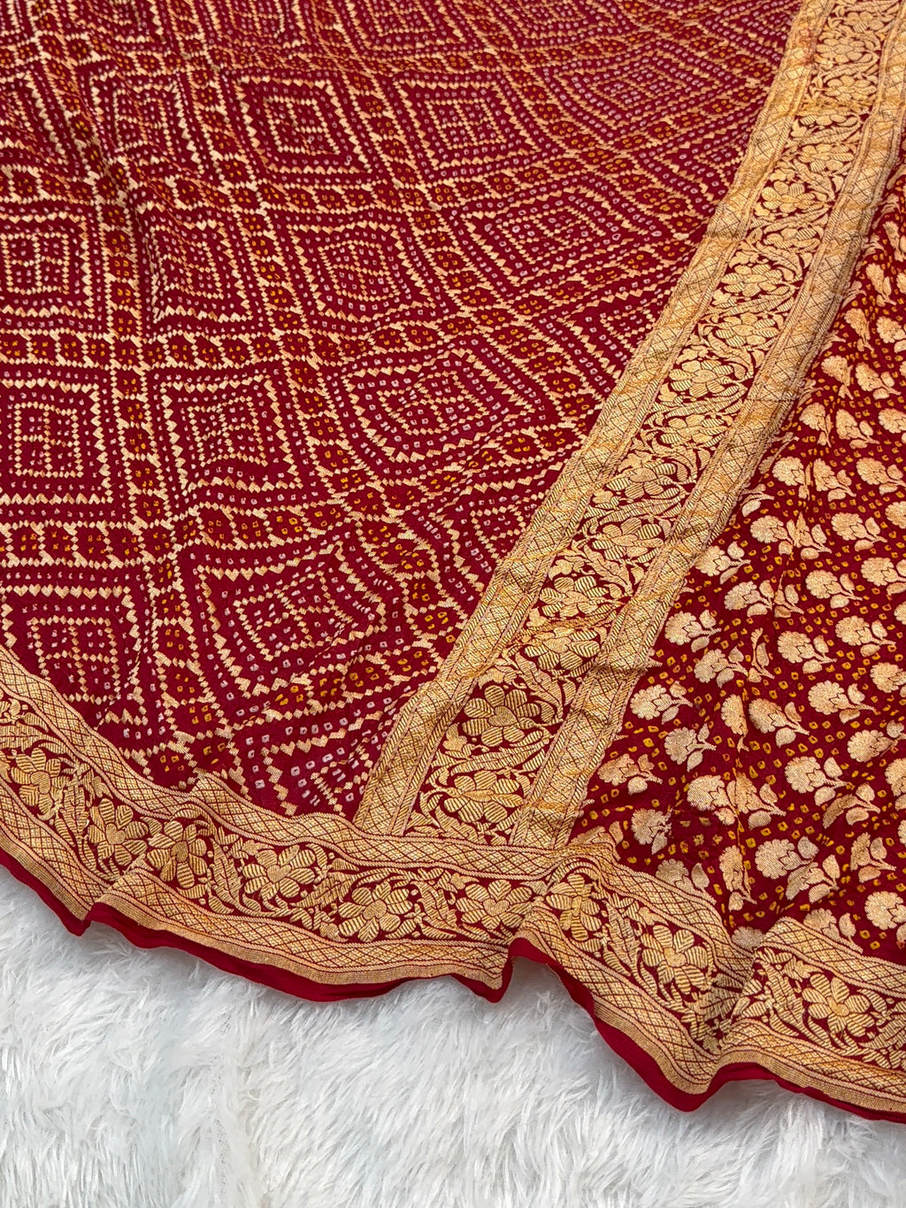Pure Khaddi Chiffon Bandhni Saree in Red Color
