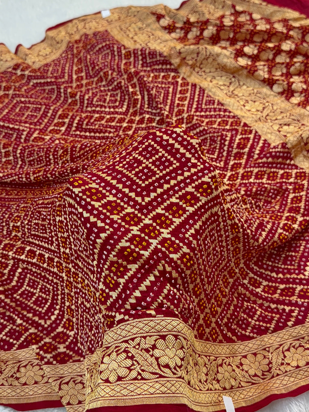 Pure Khaddi Chiffon Bandhni Saree in Red Color