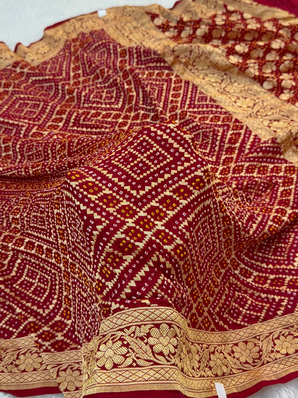 Pure Khaddi Chiffon Bandhni Saree in Red Color