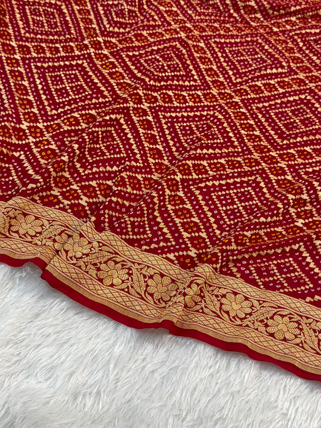 Pure Khaddi Chiffon Bandhni Saree in Red Color