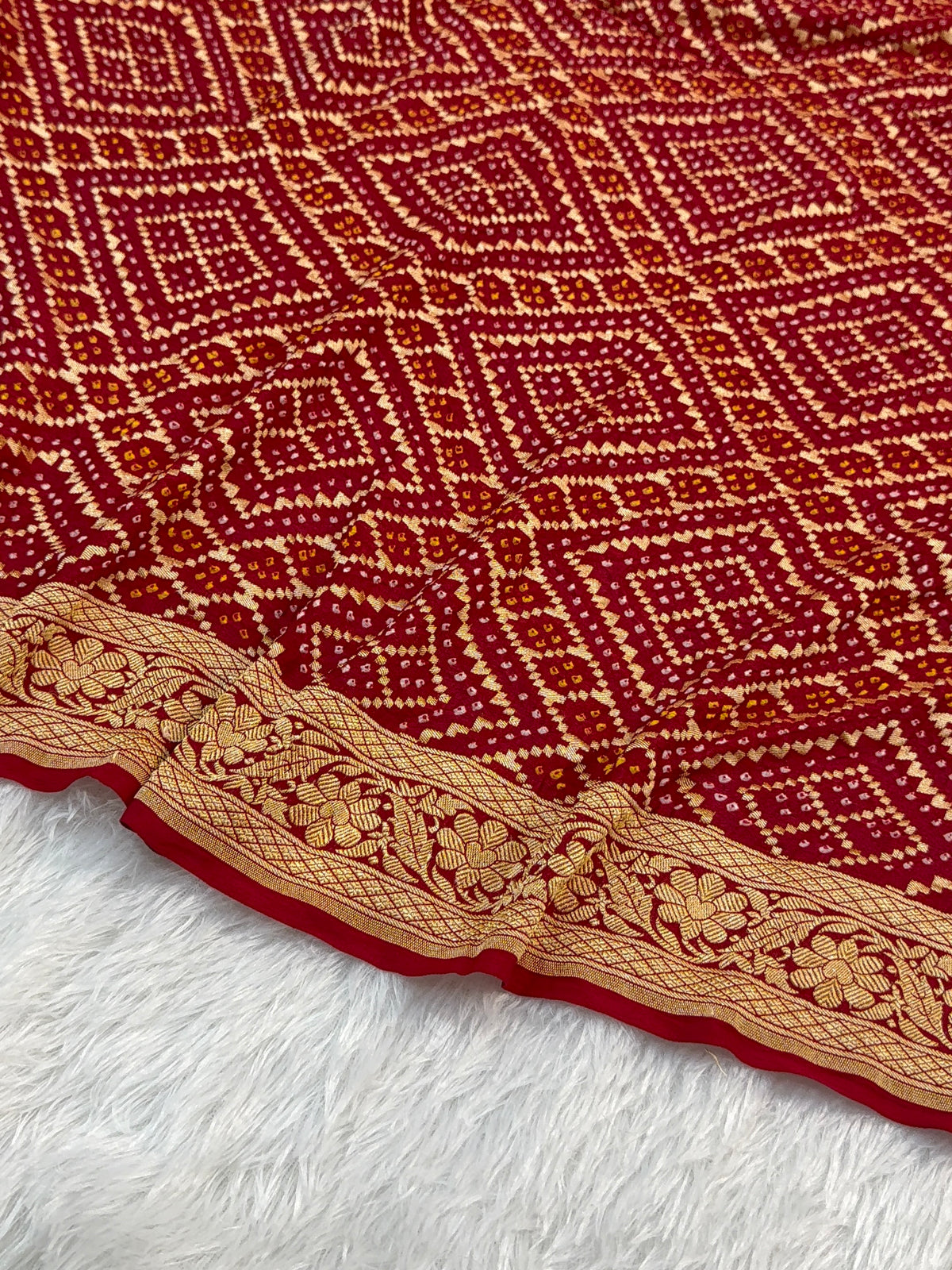 Pure Khaddi Chiffon Bandhni Saree in Red Color