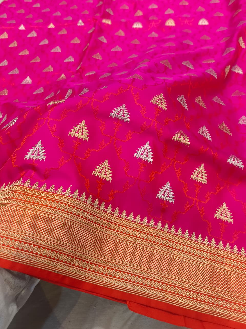 Banarasi Kadhua Handwoven Pure Katan Silk Saree in Silver and Golden Zari Work