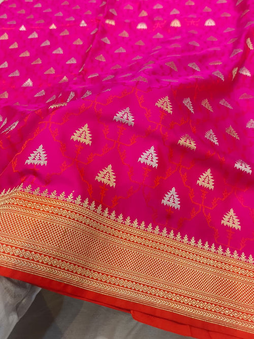 Banarasi Kadhua Handwoven Pure Katan Silk Saree in Silver and Golden Zari Work