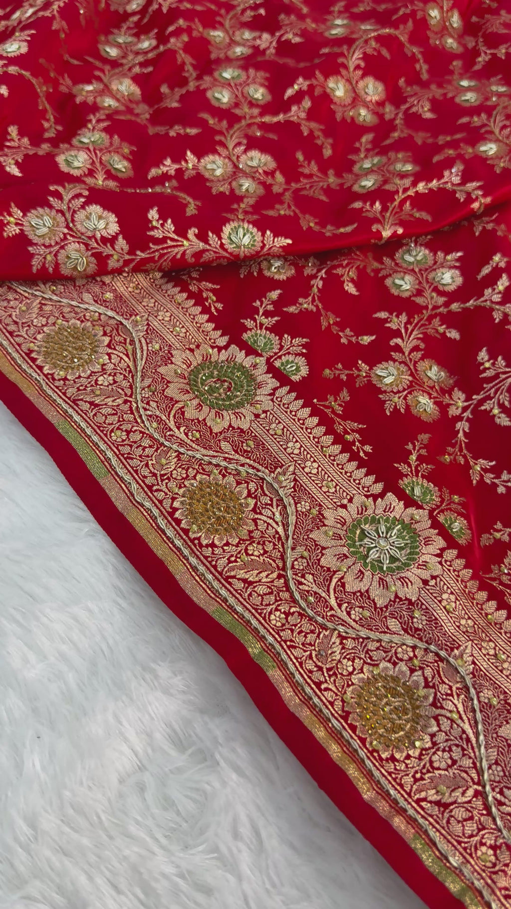 Bridal Mashru Silk Saree in jaal design in Red Color Shade with Swaroskiwork