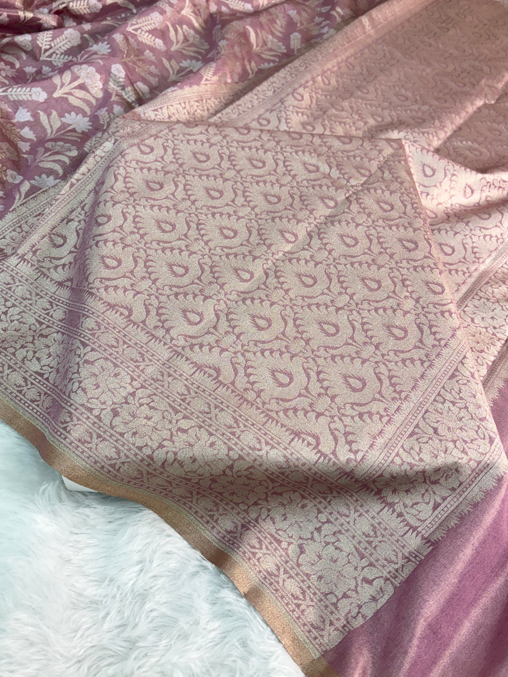 Banarasi tissue silk saree with floral buta design in Rose Gold color