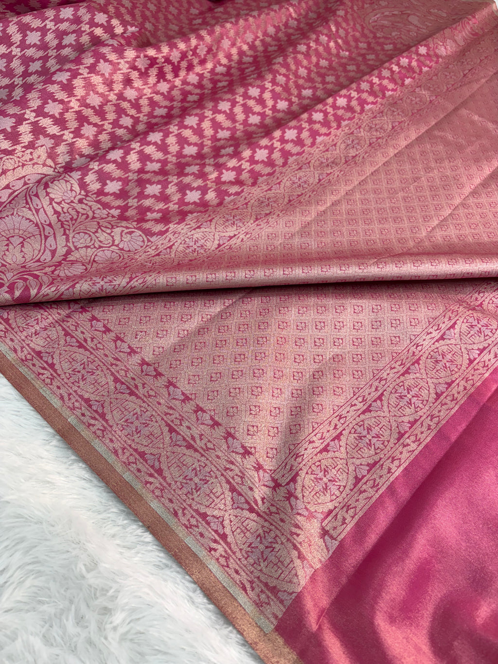 Banarasi tissue silk saree with Koniya design in rusty rani color