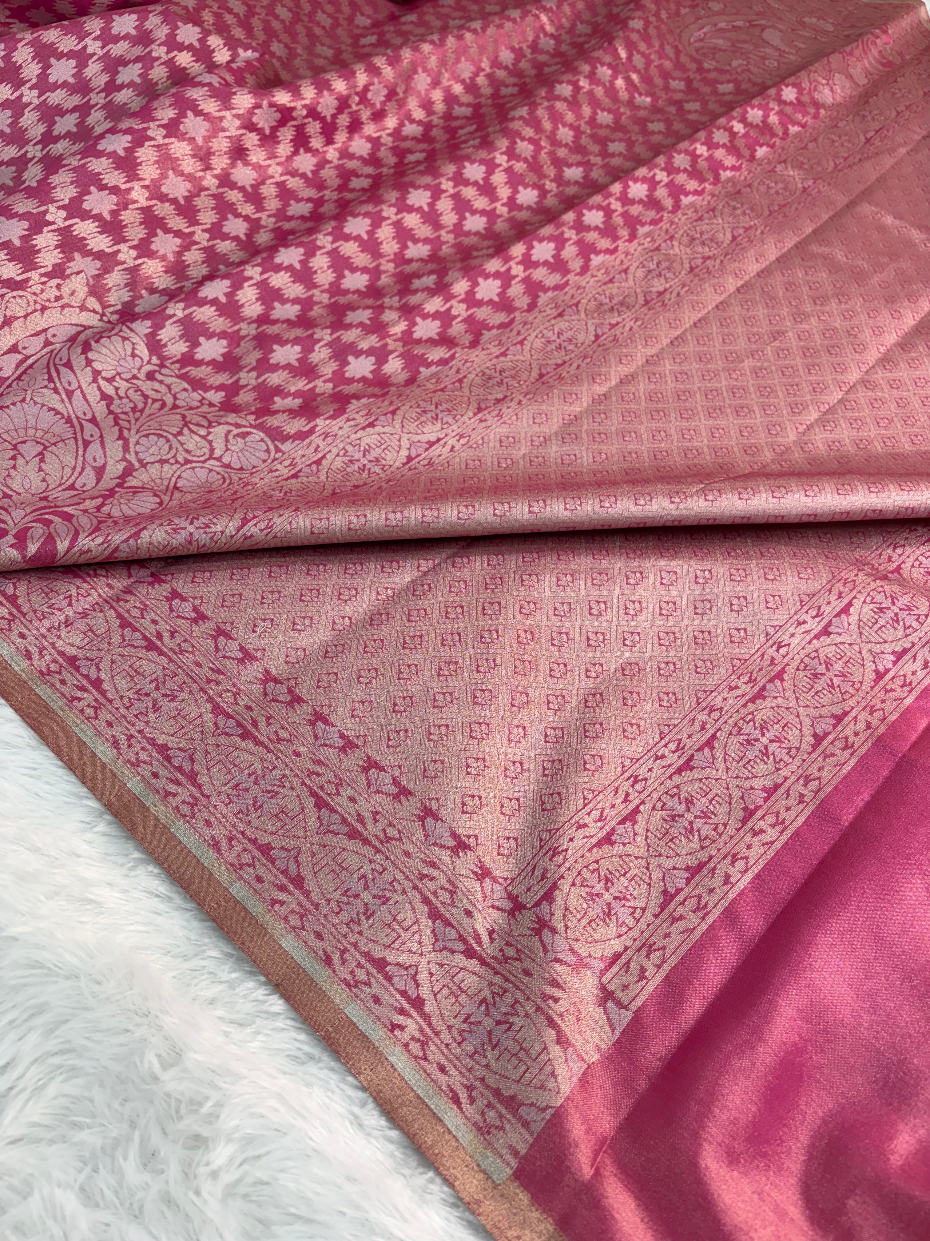 Banarasi tissue silk saree with Koniya design in rusty rani color