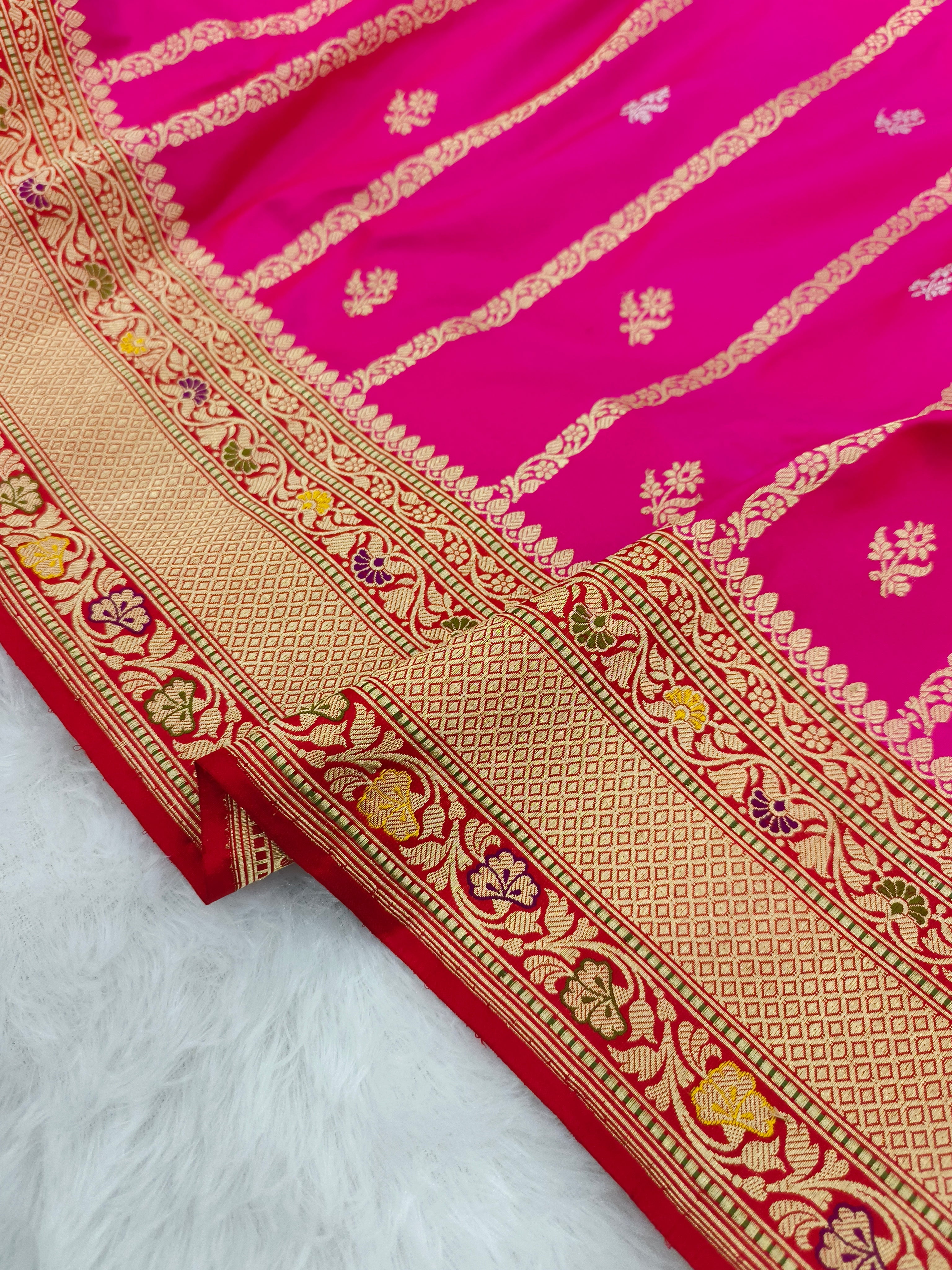 Banarasi Kadhua Handwoven Pure Katan Silk Saree in Silver and Golden Zari Work