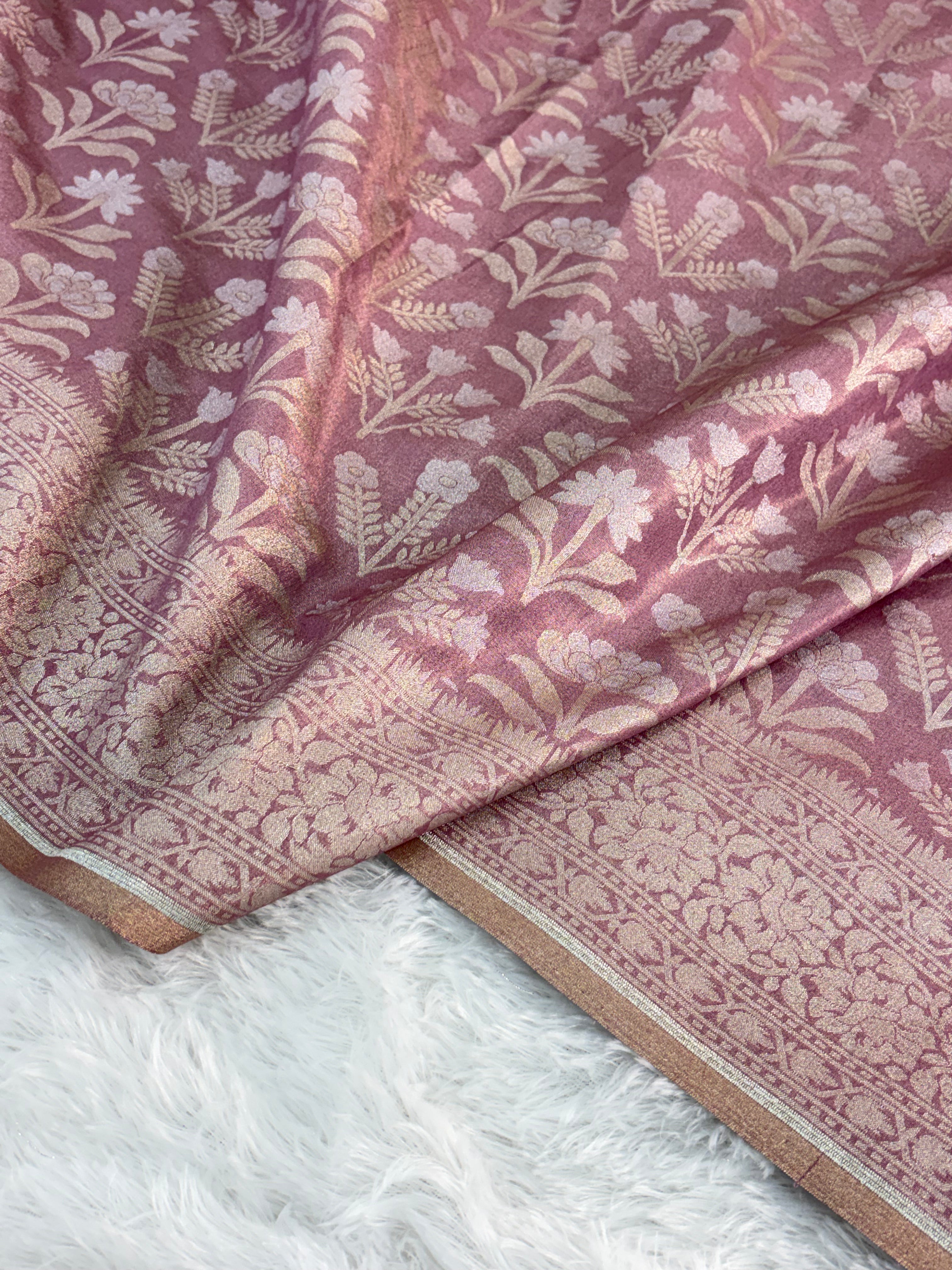 Banarasi tissue silk saree with floral buta design in Rose Gold color