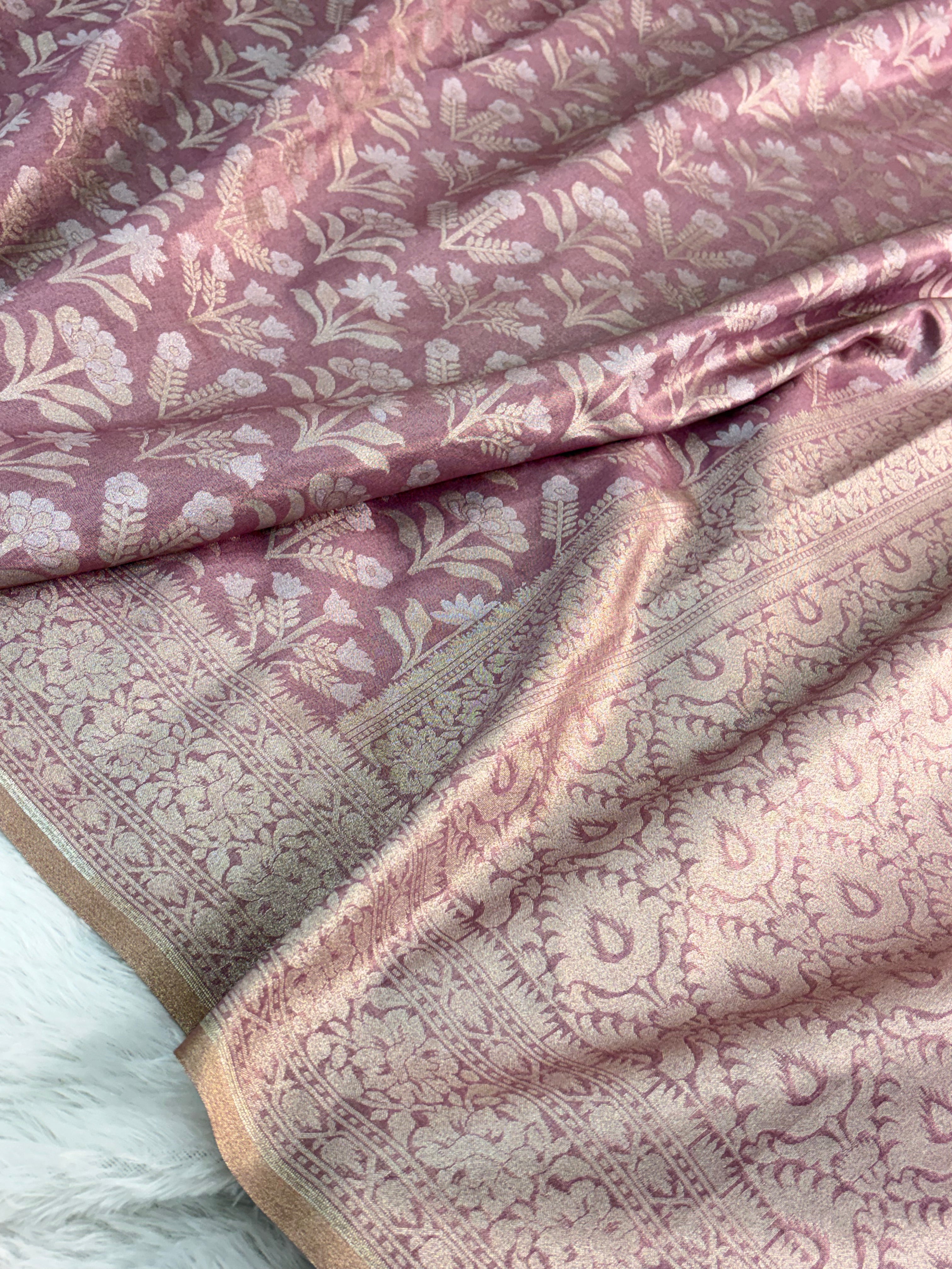 Banarasi tissue silk saree with floral buta design in Rose Gold color