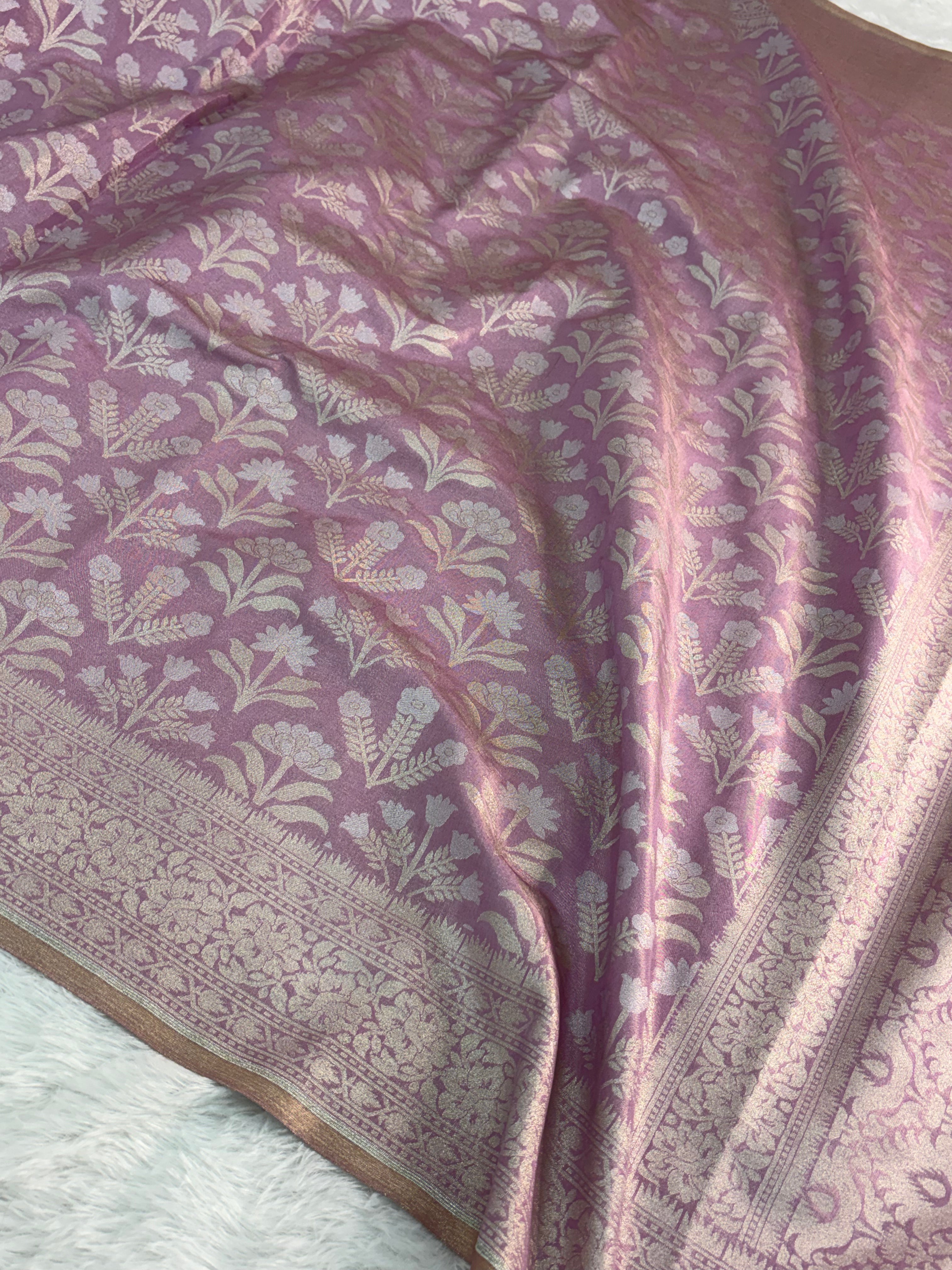 Banarasi tissue silk saree with floral buta design in Light Rusty Pink color