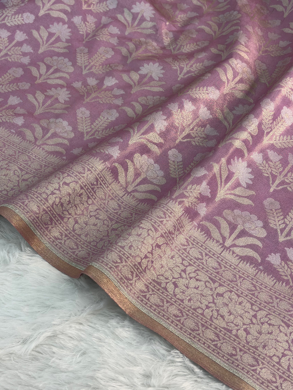 Banarasi tissue silk saree with floral buta design in Light Rusty Pink color