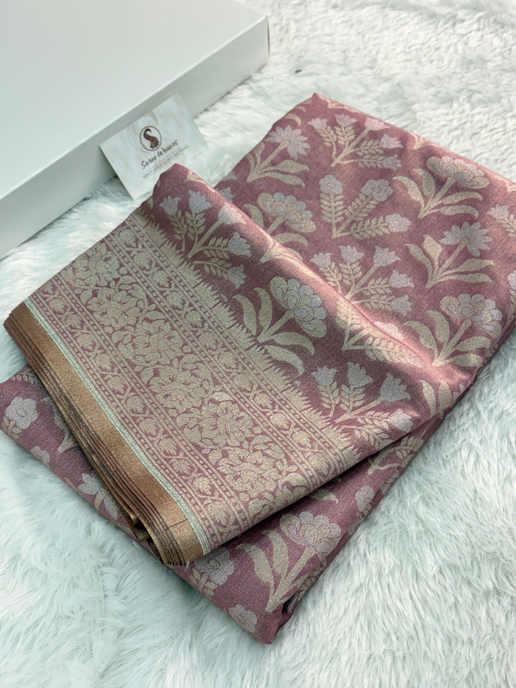 Banarasi tissue silk saree with floral buta design in Rose Gold color