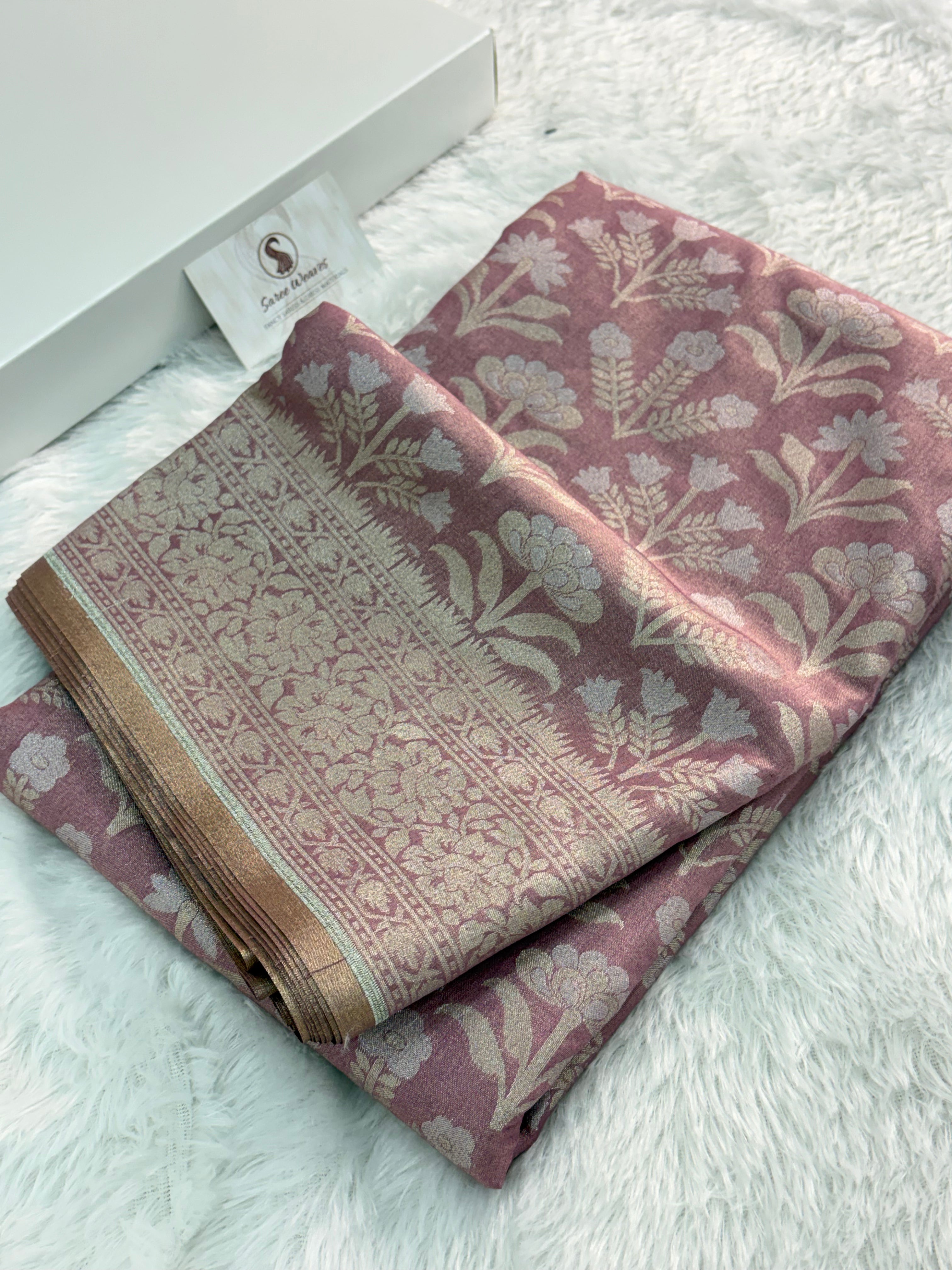 Banarasi tissue silk saree with floral buta design in Rose Gold color