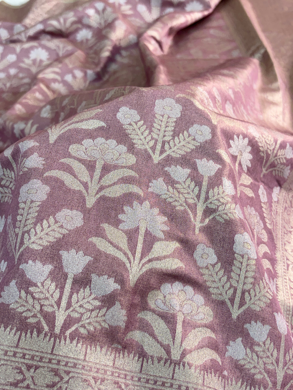 Banarasi tissue silk saree with floral buta design in Rose Gold color
