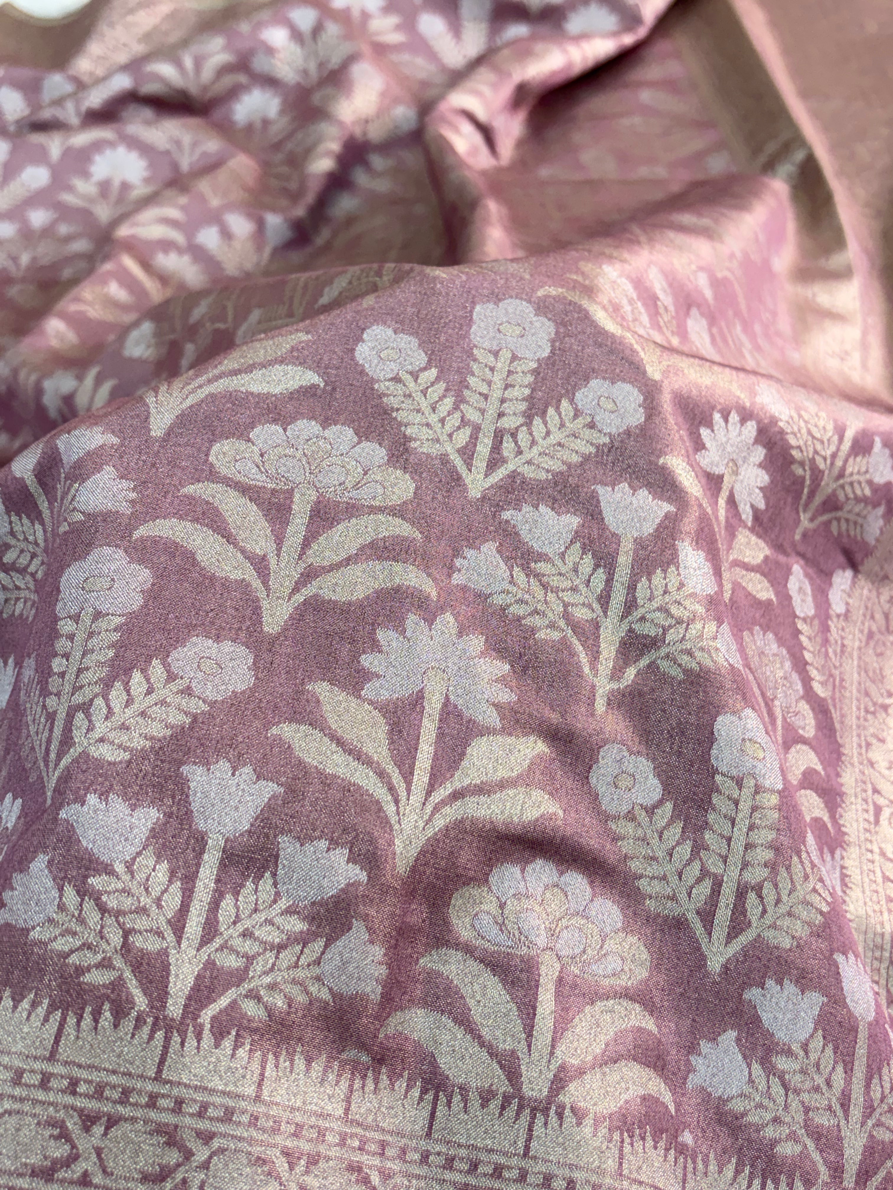 Banarasi tissue silk saree with floral buta design in Rose Gold color