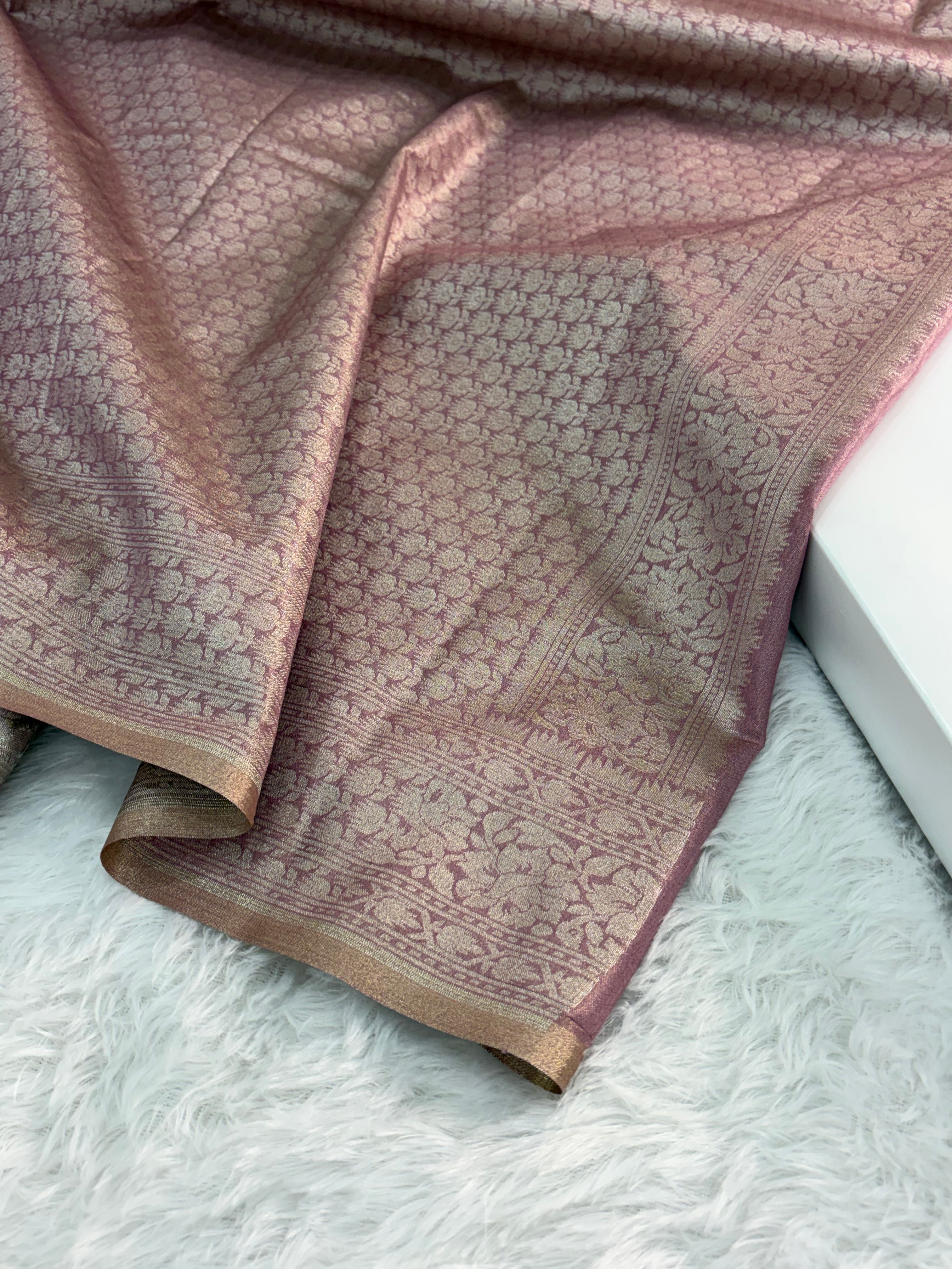 Banarasi tissue silk saree with floral buta design in Rose Gold color