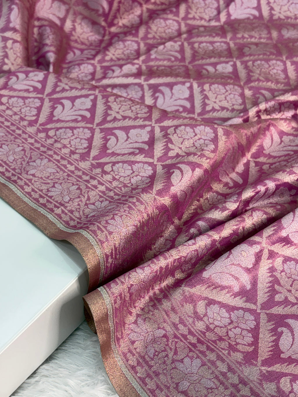 Banarasi tissue silk saree in Rusty Rani color