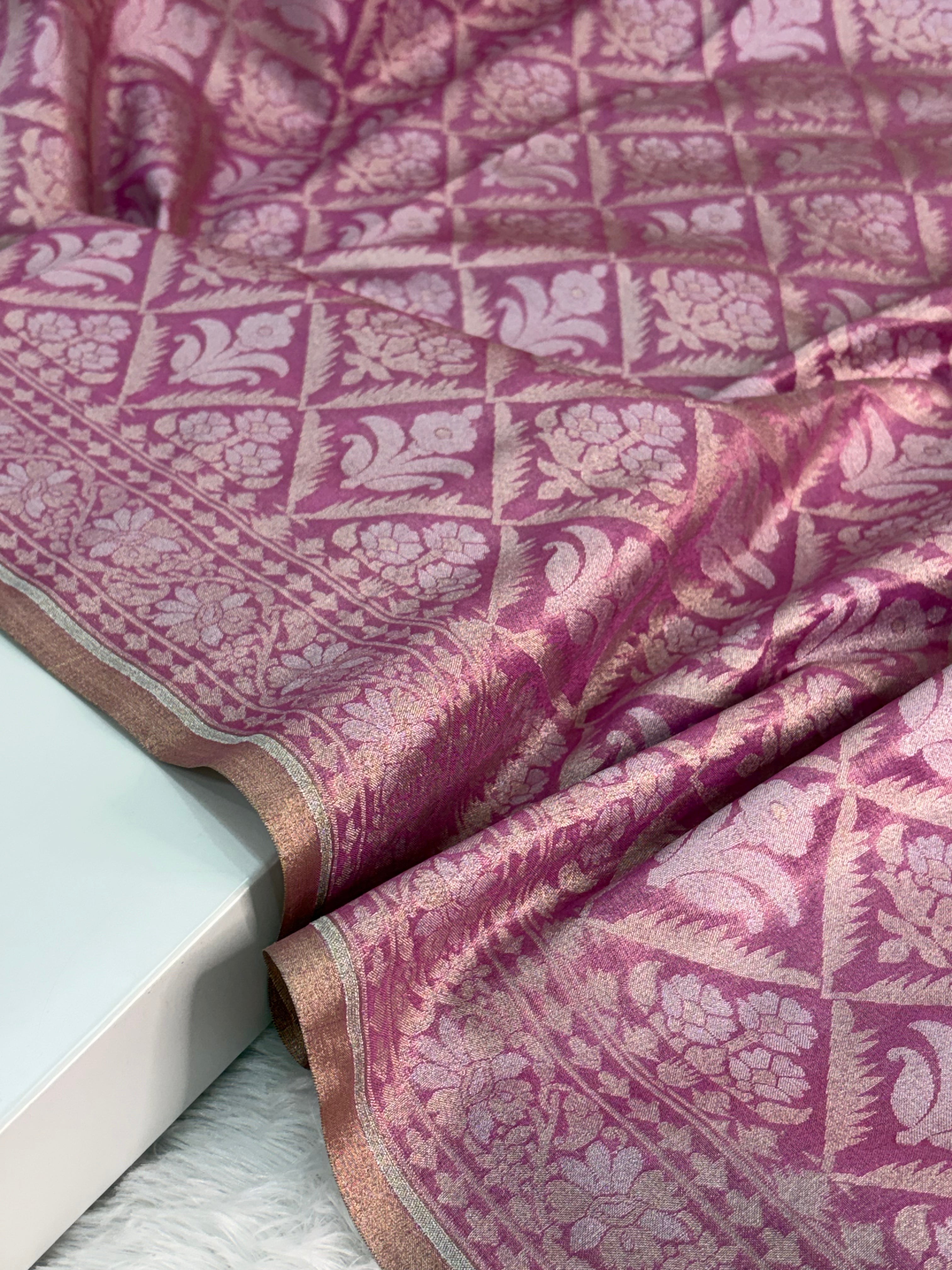 Banarasi tissue silk saree in Rusty Rani color