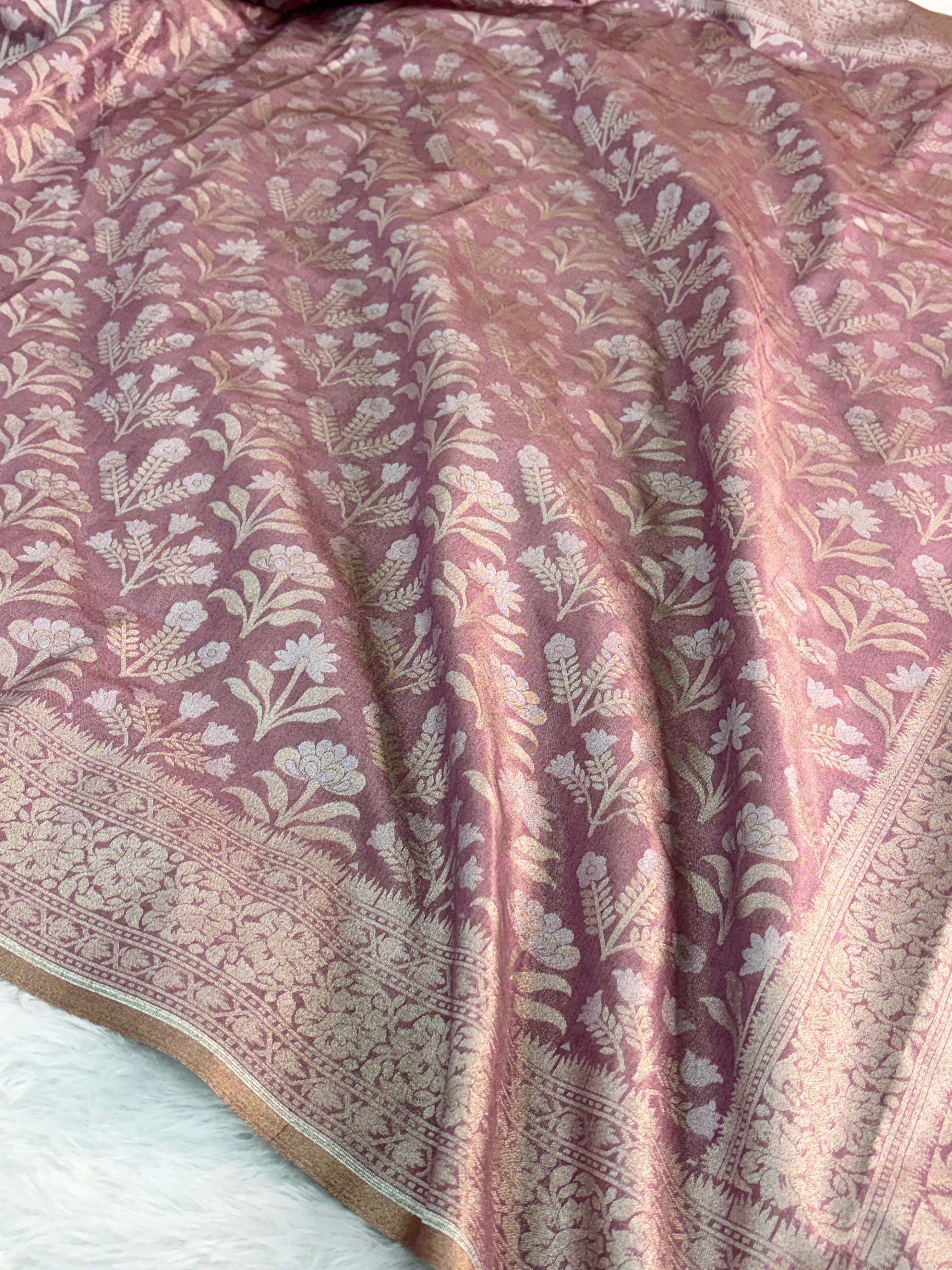 Banarasi tissue silk saree with floral buta design in Rose Gold color