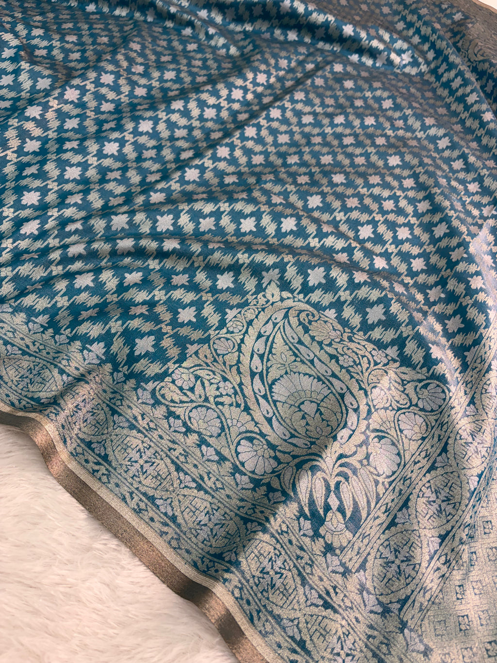 Banarasi tissue silk saree with Koniya design in navy blue color
