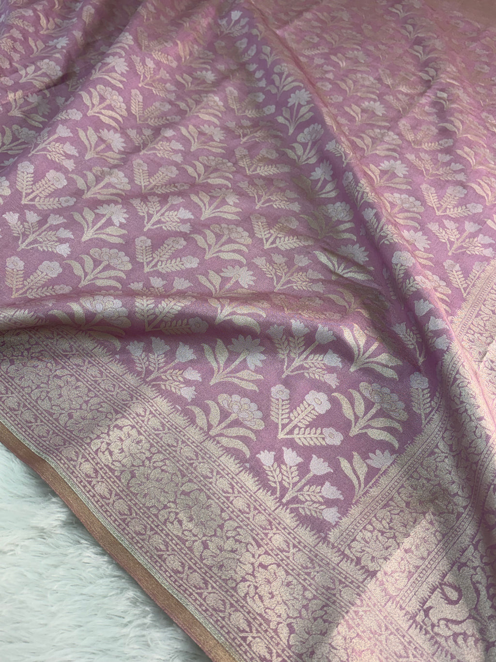 Banarasi tissue silk saree with floral buta design in Light Rusty Pink color