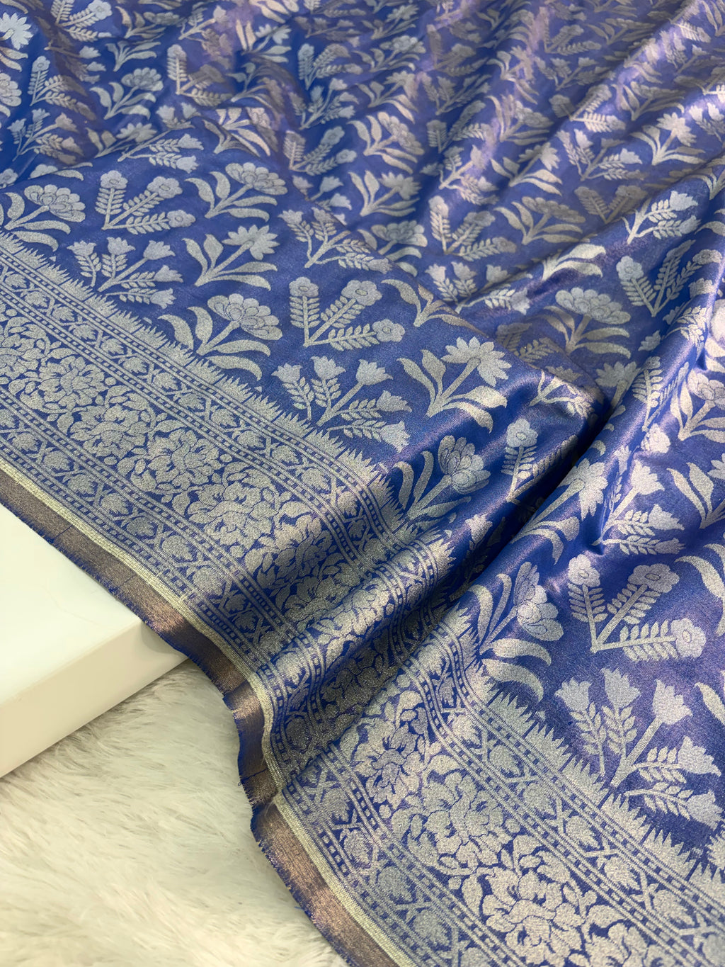 Banarasi tissue silk saree with floral buta design in Royal blue color