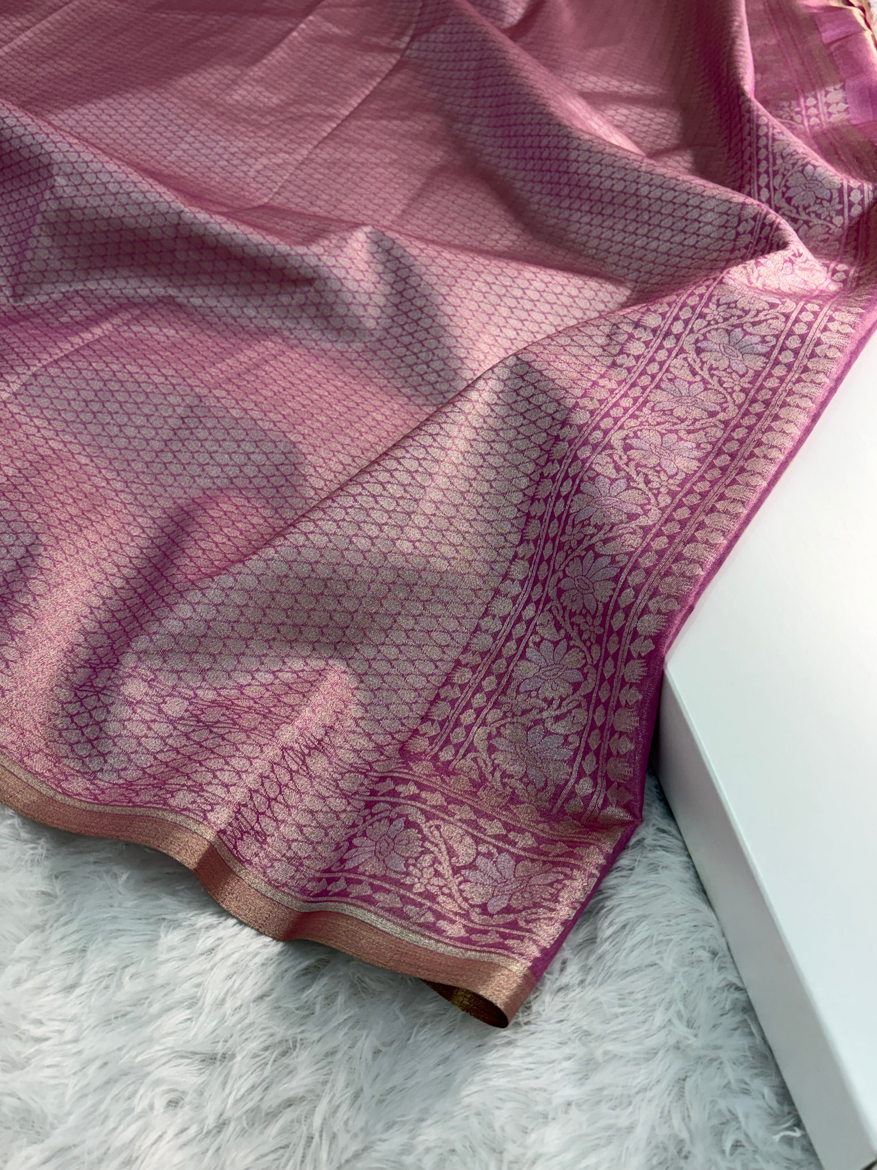 Banarasi tissue silk saree in Rusty Rani color