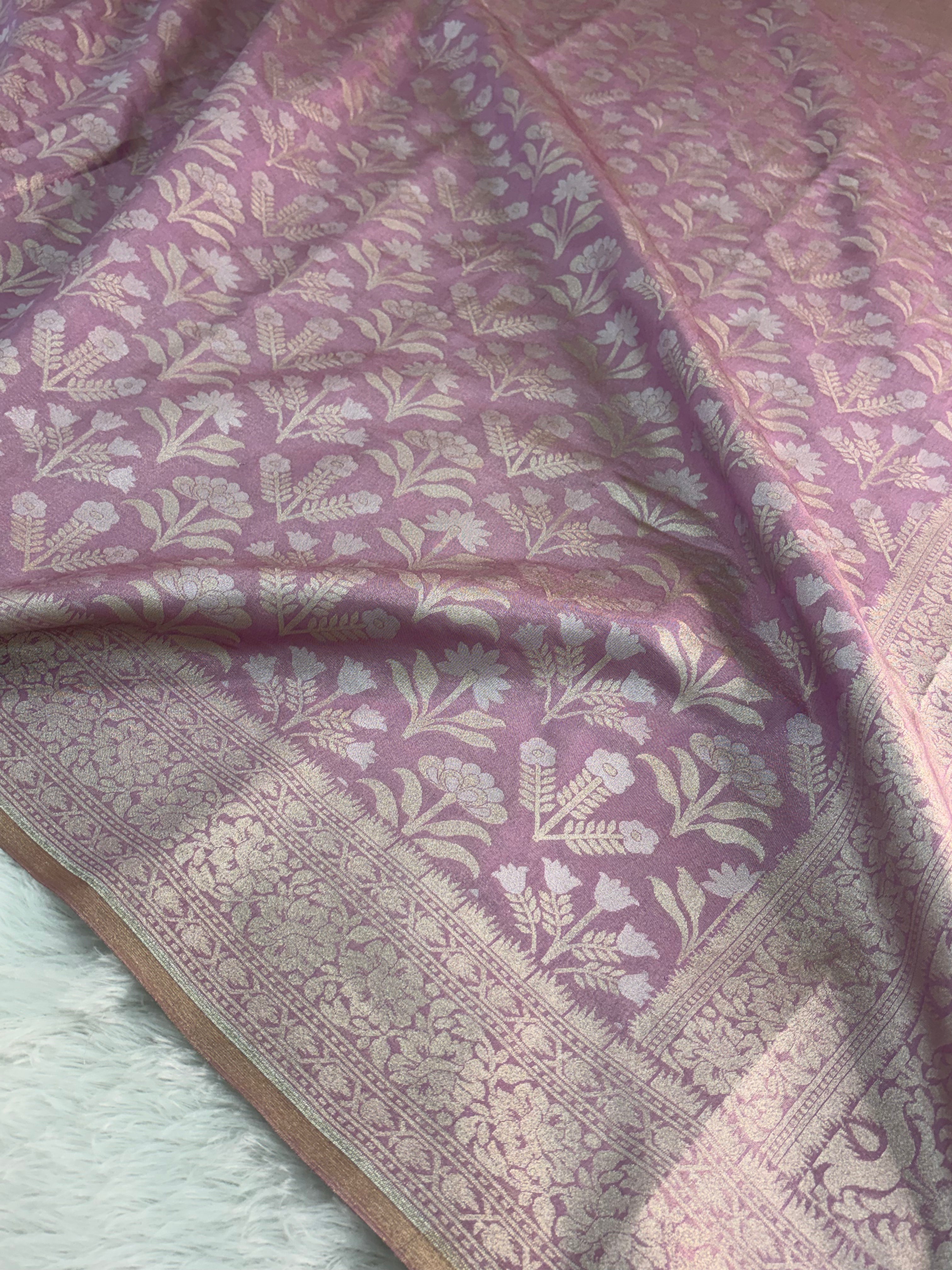 Banarasi tissue silk saree with floral buta design in Light Rusty Pink color